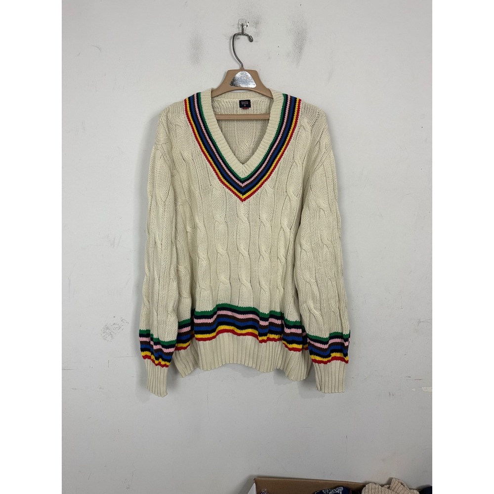Rowing Blazers Mens XXL Cable Knit V-Neck Sweater Cream Rainbow Stripe Preppy